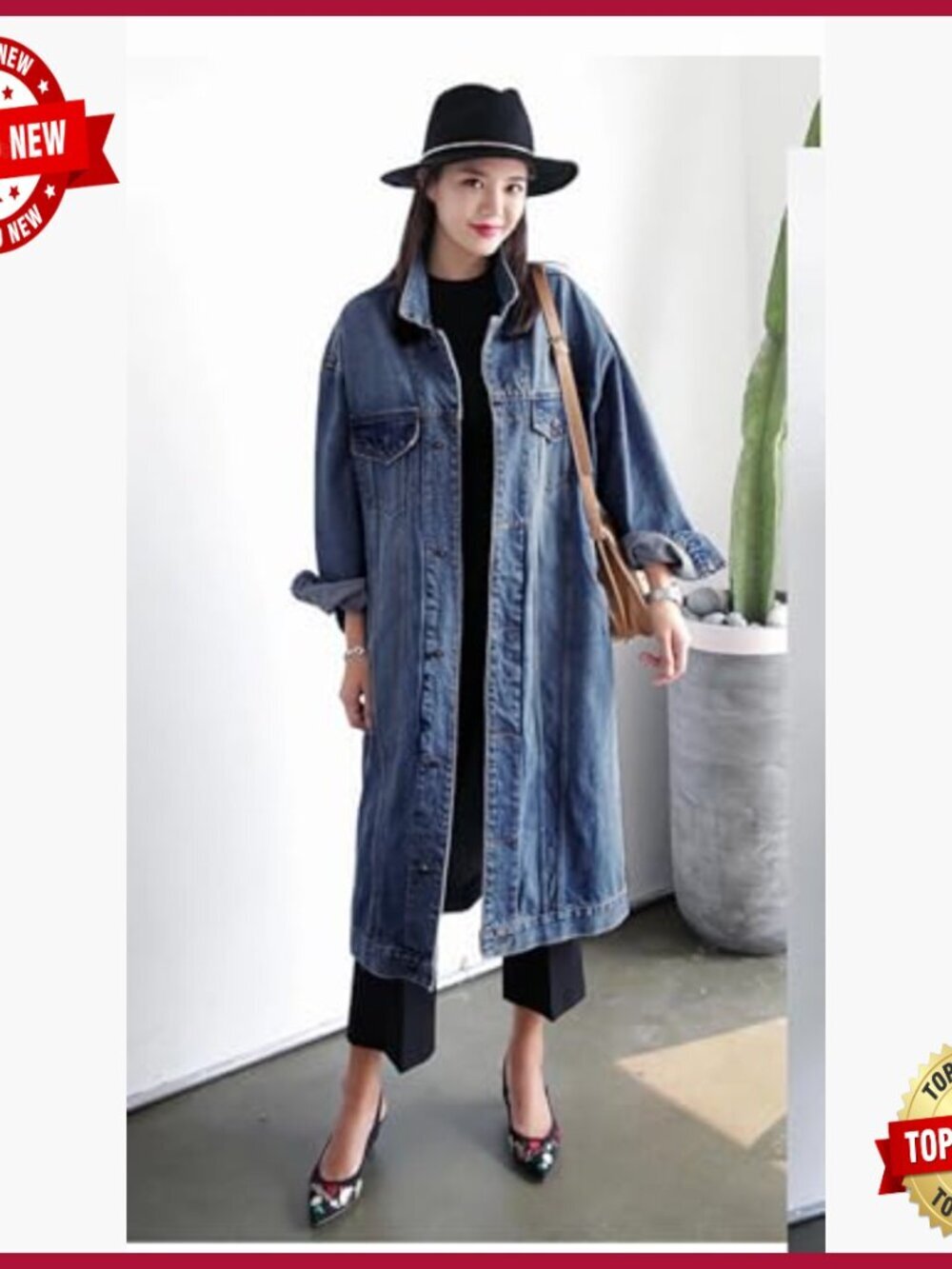 Plus Size Denim Trench Coat Long Sleeve Button Down Loose Fit Jacket - Picture 2 of 3